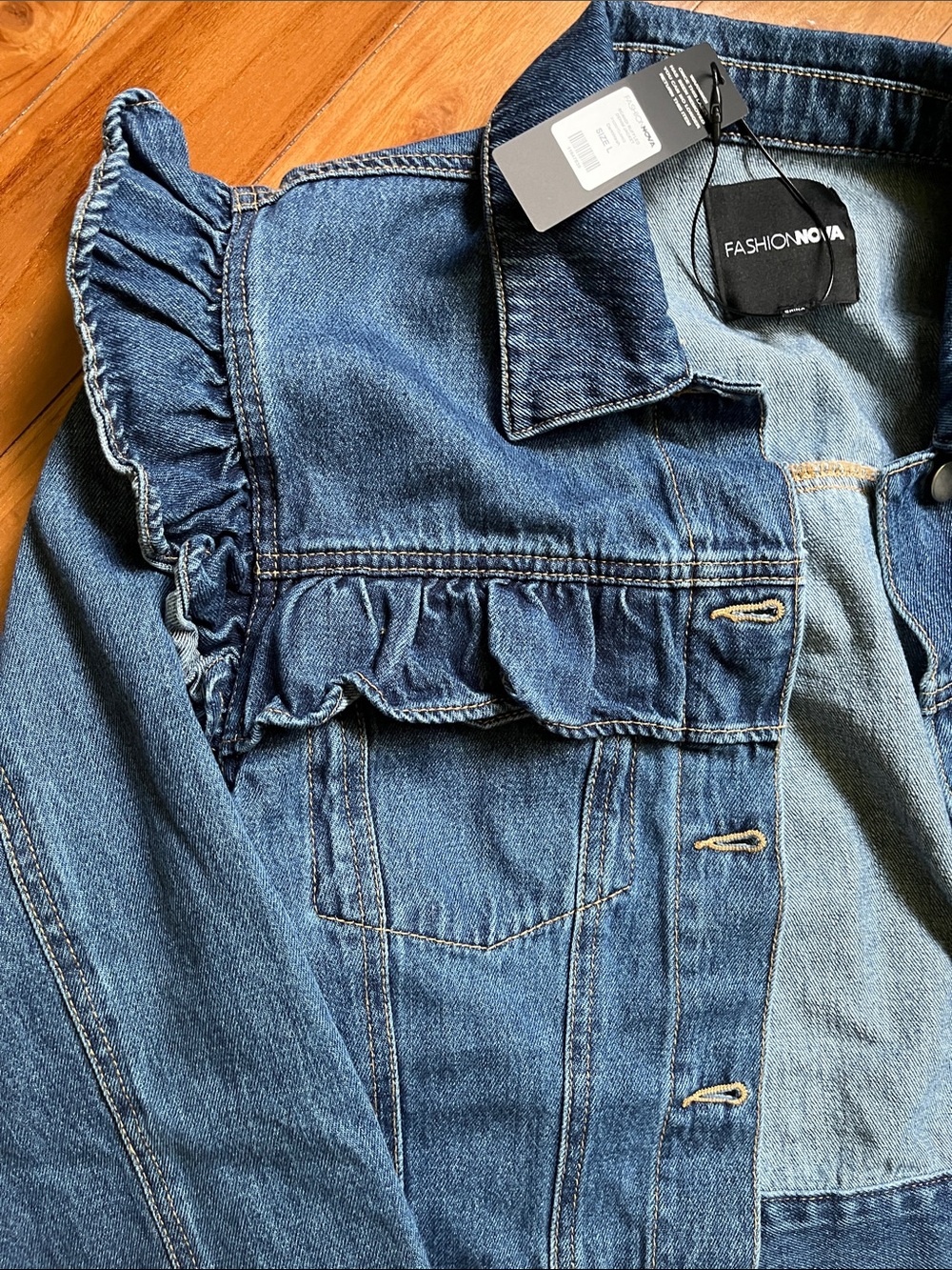 Fashion Nova Dark Blue Ruffle Denim Jacket - Picture 2 of 4